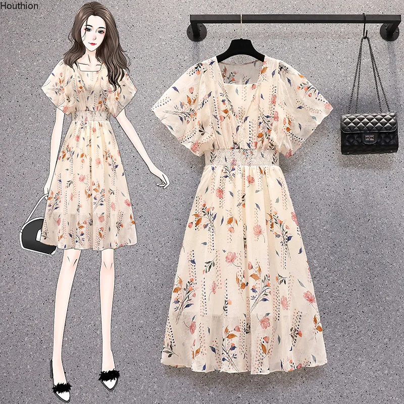 

Chiffon Loose Women's Dress New Fashion Dresses Mid-length Summer Short Sleeve Floral Print V-neck Movafag