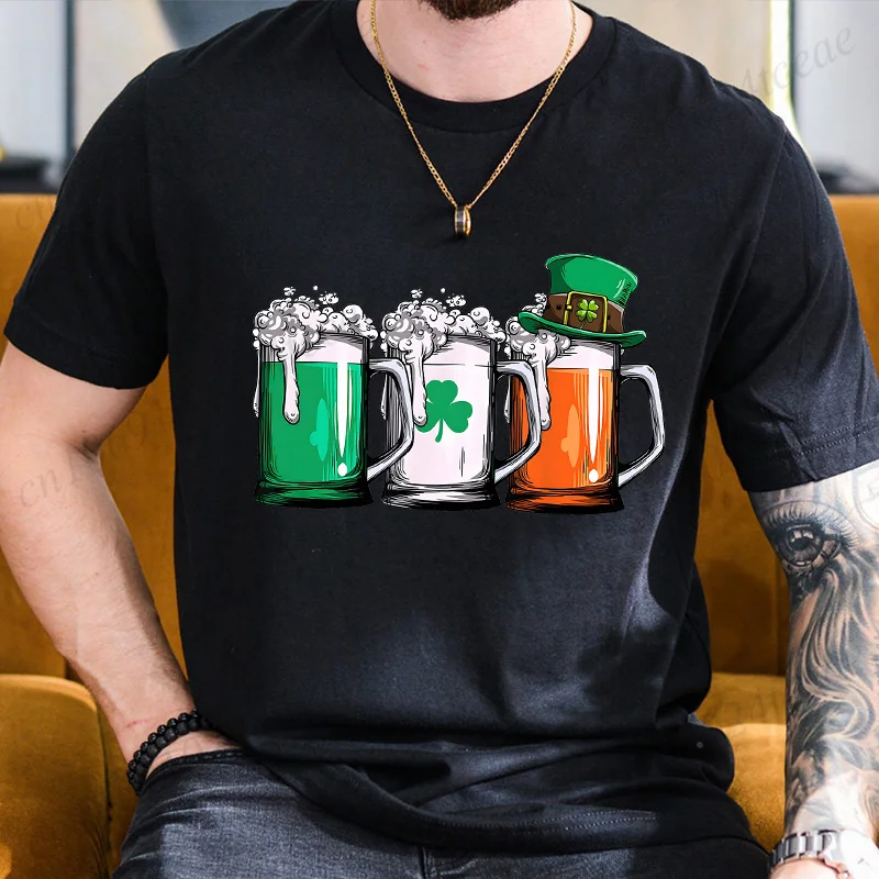 St Patrick's Day Men's T-Shirt Irish Beer Ireland Flag Print Unisex Oversized Tee Leprechaun Graphic Top Green White Party Wear