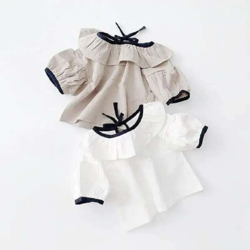 

Детская Хлопковая футболка с коротким рукавом и воротником «листья лотоса»