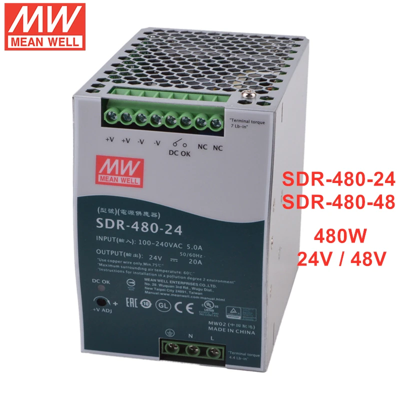 

MEAN WELL SDR-480 Series 480W Single Output Industrial DIN RAIL Power Supply with PFC Function SDR-480-24 SDR-480-48