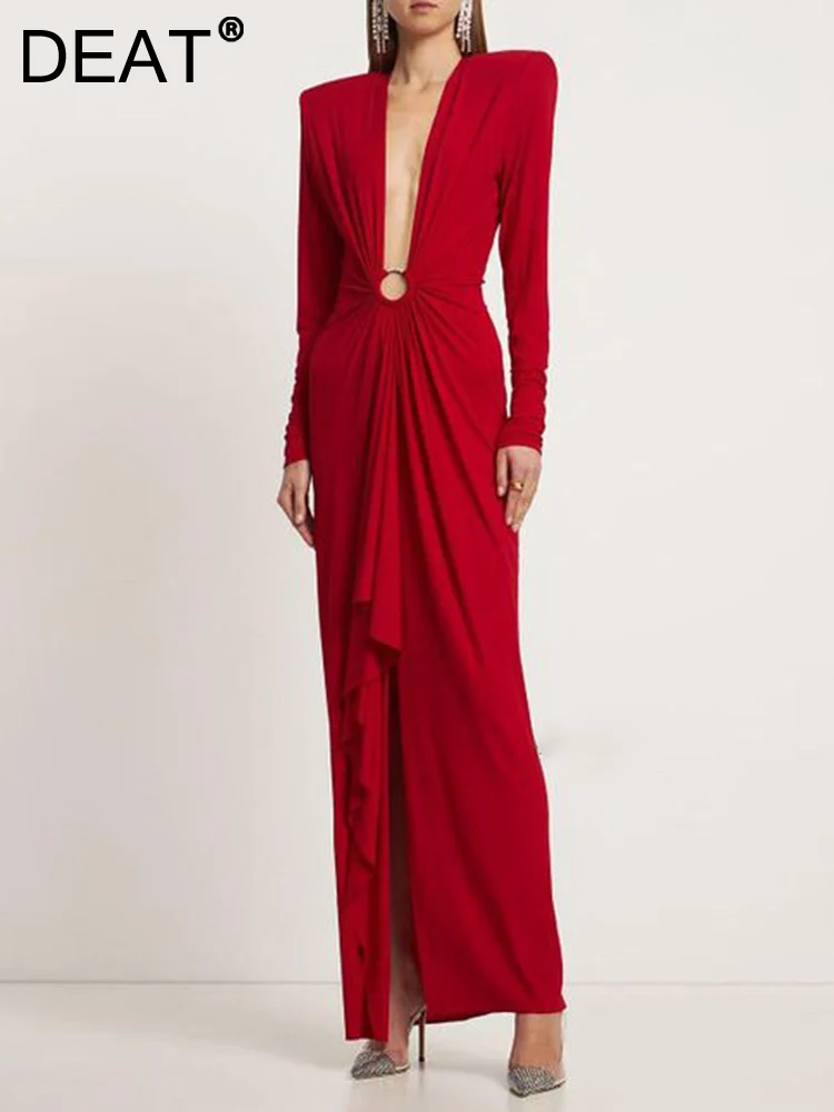 [DEAT] Elegant Fashion Side Split Design Women's Dress New Evening Party Long Sleeve Slim Dresses Female 2023 Spring 13DB778