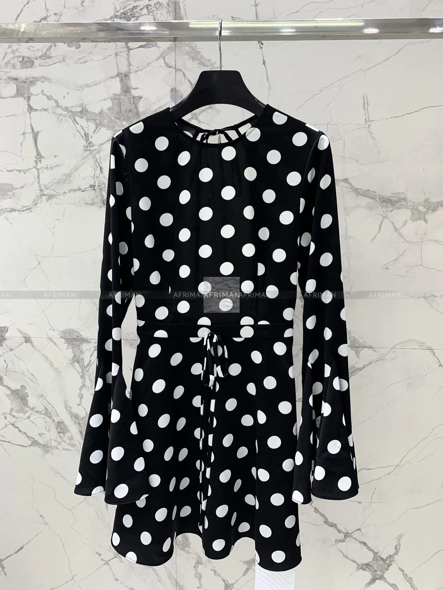 2023 New Vintage Style Polka Dot Print Flare Long Sleeve Sexy Backless Fashion Dress for Women