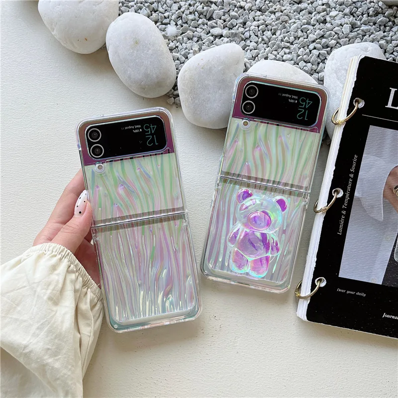 

Fashion Laser Water Ripple Bear Phone Stand Case for Samsung Galaxy Z Flip 3 Z Flip 4 Hard PC Back Cover for ZFlip3 ZFlip4 Case