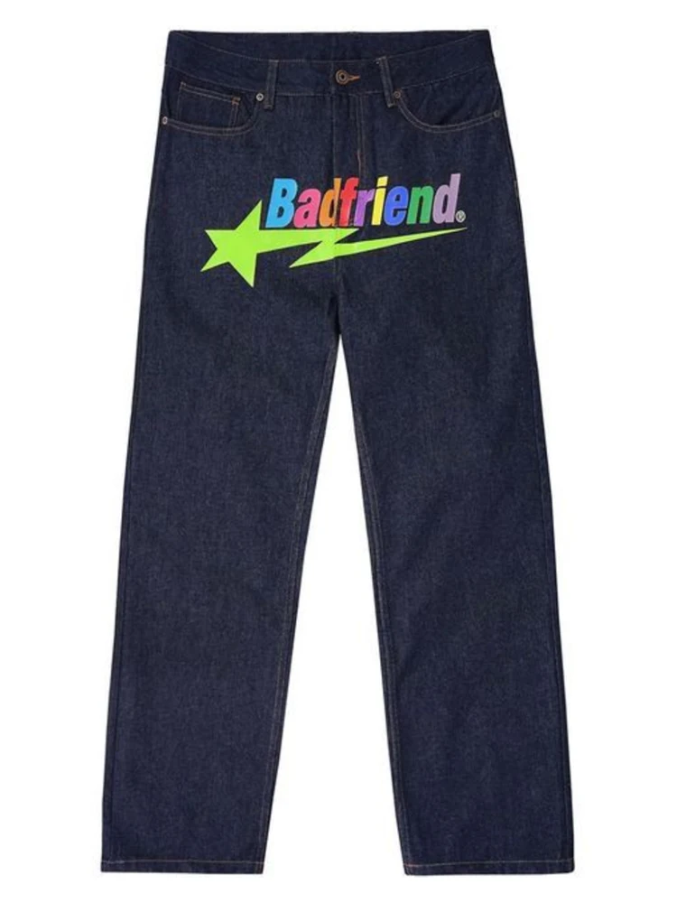 Y2k Jeans Hip Hop Badfriend Letter Printing Baggy Black Pants 2023 New Harajuku Fashion Punk Rock Wide Foot Trousers Streetwear