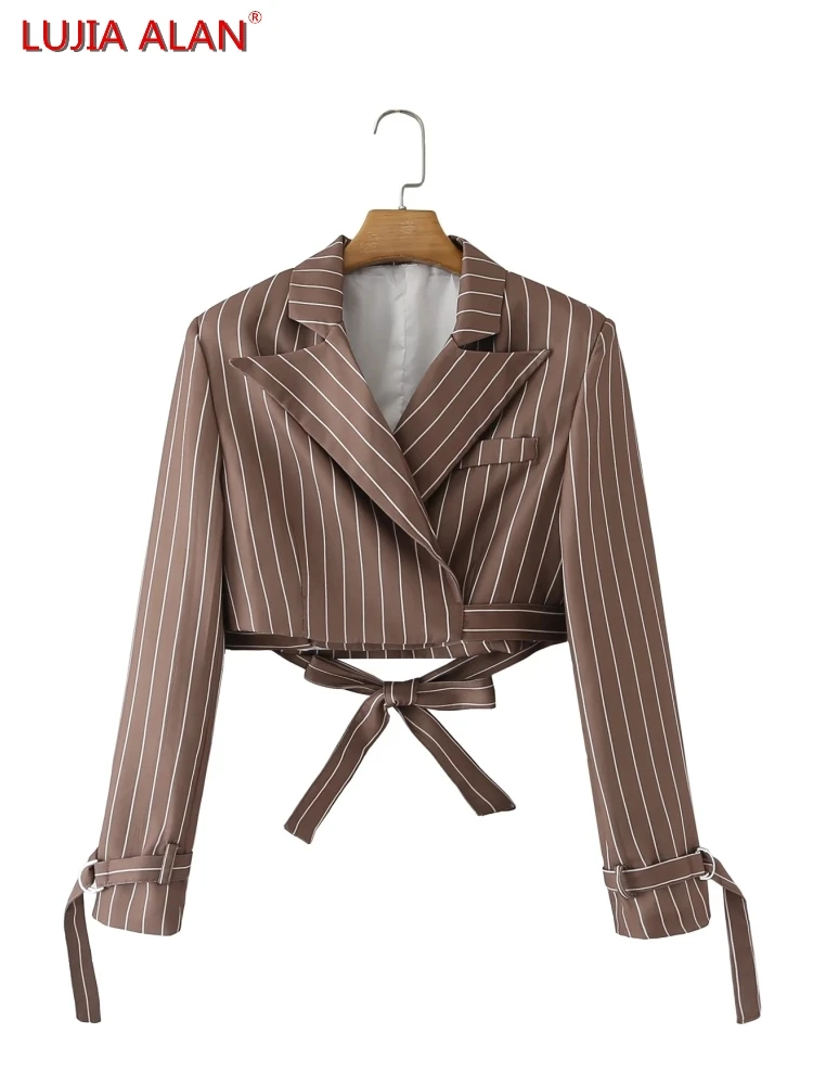 

Женский короткий костюм с перекрестной шнуровкой в полоску, осенняя женская верхняя одежда с длинным рукавом, повседневные свободные топы, ...