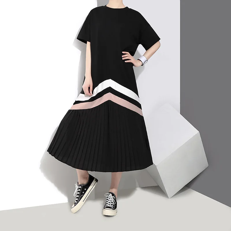 

Japan Style Colorblock Midi Dress Woman Harajuku Short Sleeve Pleated Dresses Female A Line O Neck Women Clothing Dropshipping