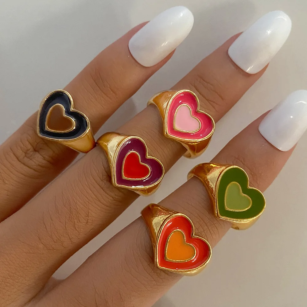 

New 2022 Fashion Color Drip Oil Love Ring Heart-shaped Alloy Gold And Silver Two-color Ring Open Index Finger Ring Party Jewelry