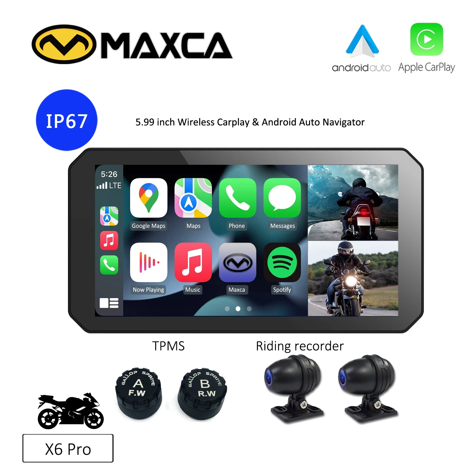 Maxca X6 Pro Moto Wireless CarPlay Android Auto Навигатор с двойной камерой Регистратор для езды
