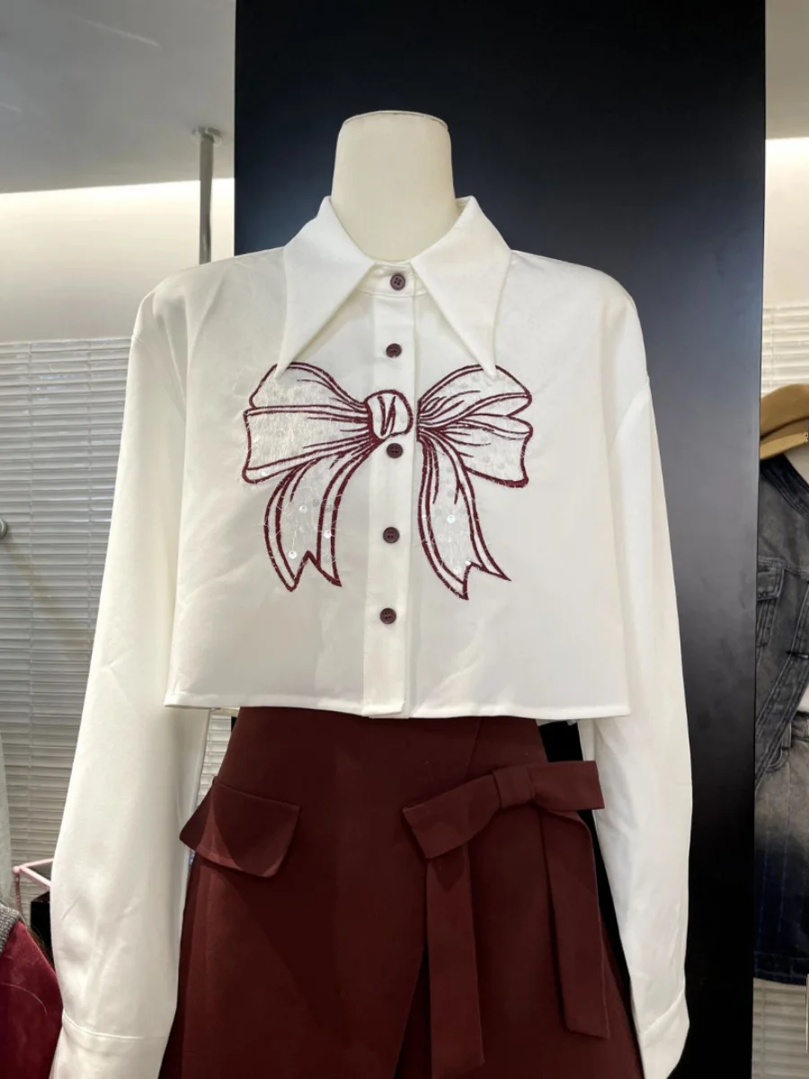 Новинка 2024 милая женская рубашка с вышивкой и блестками на раннюю осень изящный