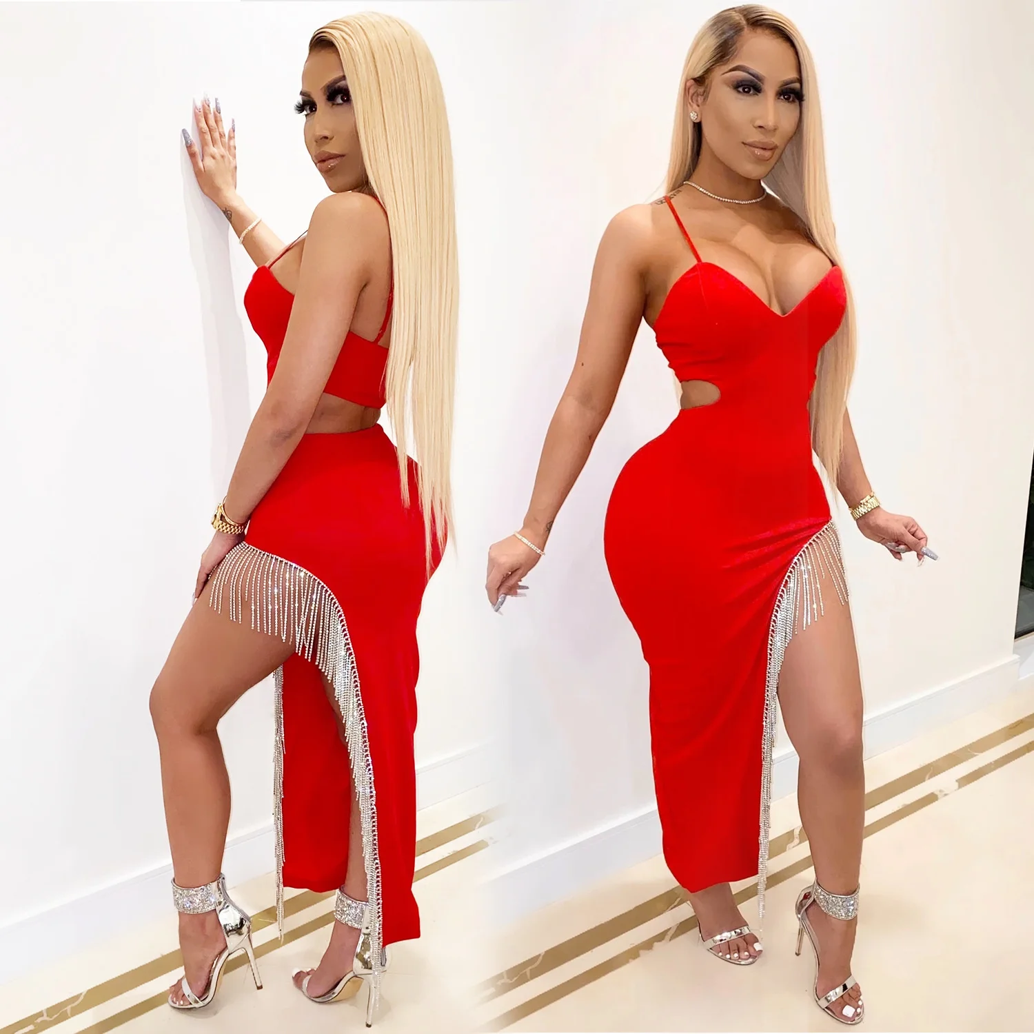 

Sylph Dress 2022 Women Fashion Sleeveless Vestidos Rhinestone Sexy Solid Color Suspender Nightclub Maxi Dress Outfits