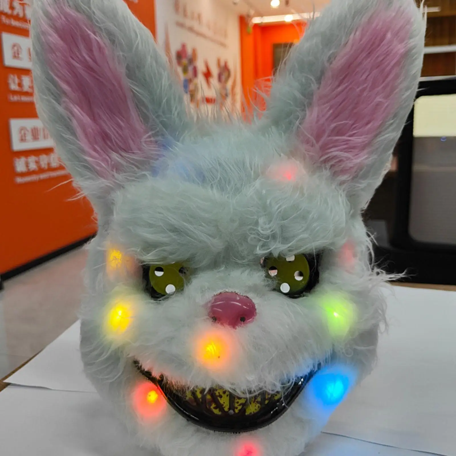 

Glowing Rabbit Mask Halloween Scary Rabbit White Bunny Mask,Pink Plush Animal Head Mask With LED Lights Cosplay Costume Props