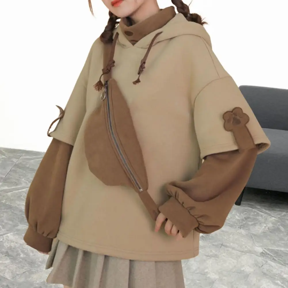 

Women Winter Hoodie Hooded Fake Two-piece Detachable Bag Long Sleeve Pullover Warm Contrast Color Autumn Hoodie for Shopping