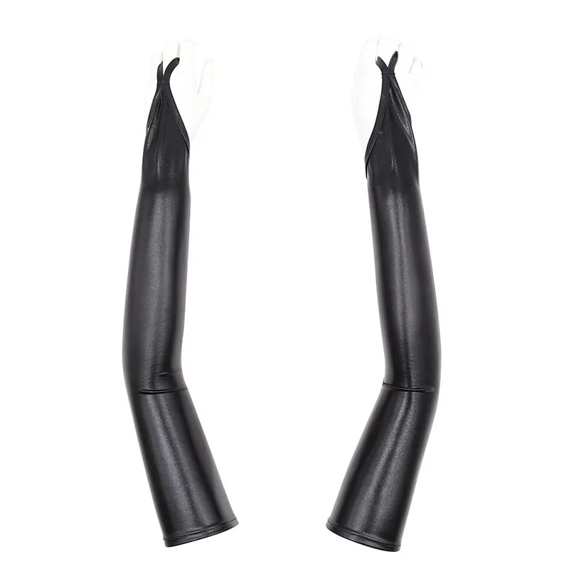 

Women Sexy Stretch PU Leather Gloves Shiny Fashion Arm Sleeves Cosplay Accessory Flirting Black Mittens Jazz Disco Dance Gloves
