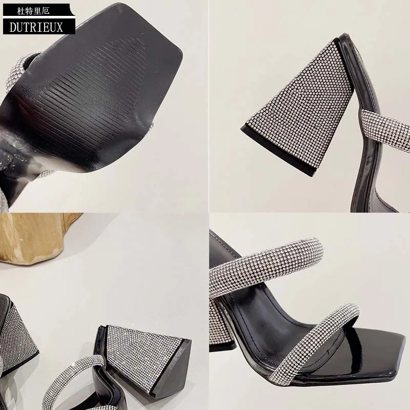 Women Pumps Luxury Rhinestone Elegant High Heels Square Toe 2023 Slides Designer Fashion Party Ladies Sandals New Female Shoes