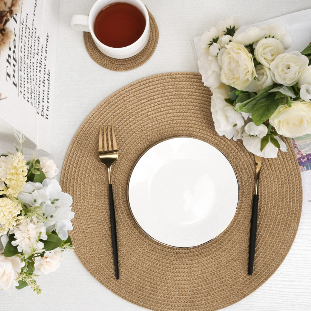 

6Set Woven round Placemat Table Mat Pad Heat Resistant Bowls Coffee Cups Coaster Tableware Mat Home Decoration Kitchen Tool