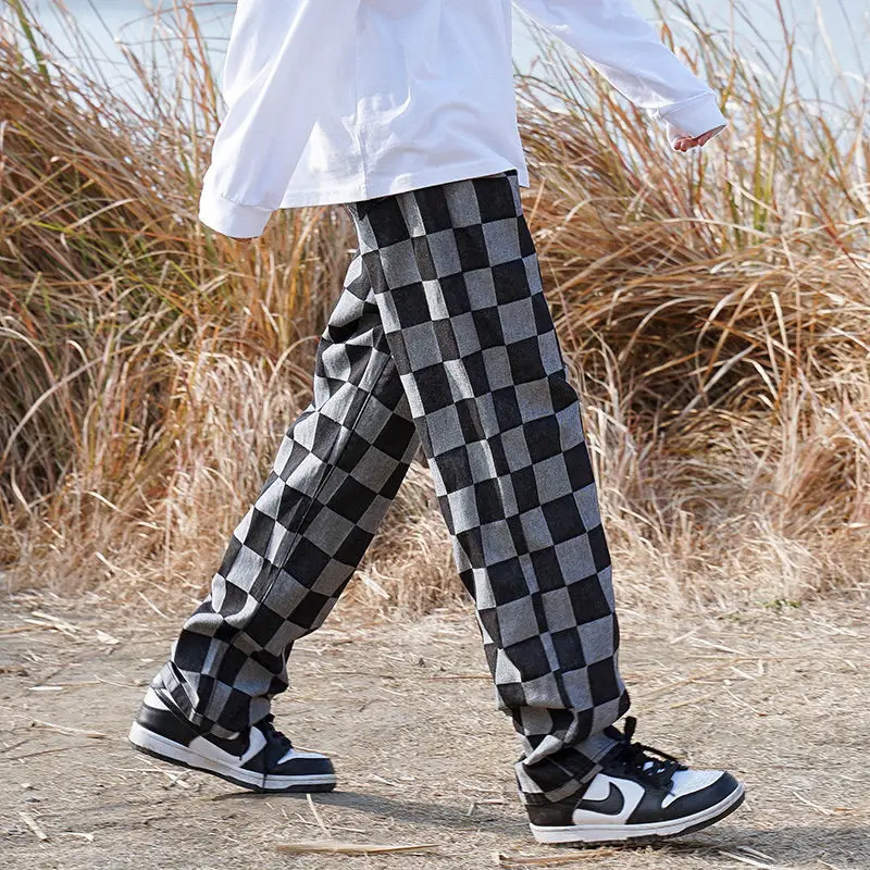 Black//Khaki Jeans Men Fashion Casual Loose Plaid Jeanss Men Streetwear Hip Hop Straight Denim Pants Men Trousers S-2XL