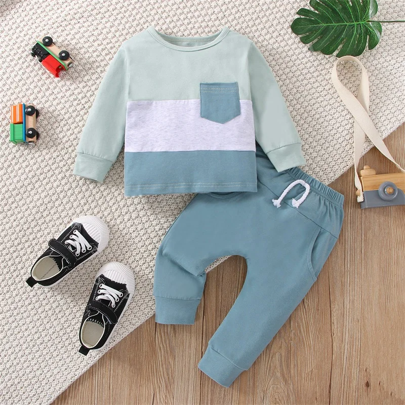 

Unisex Baby Casual Clothes Sets Boy Girl Contrast Color Patchwork Pocket Long Sleeve Tops with Elastic Waist Long Pants