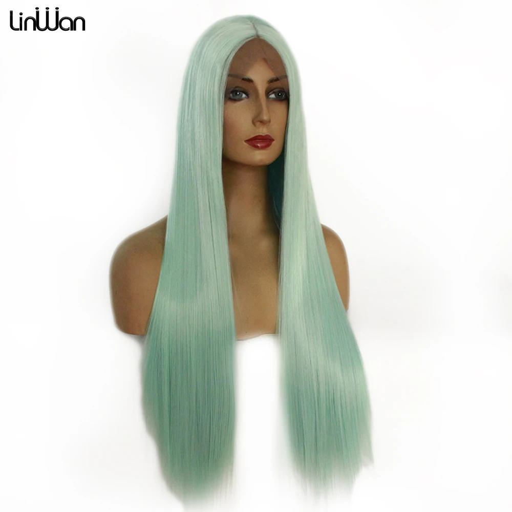 

Cyan Synthetic Lace Front Wig For Women Glueless Straight Lace Frontal Wig Pre Plucked Frontal T-Part Hair Wigs 350g linwan