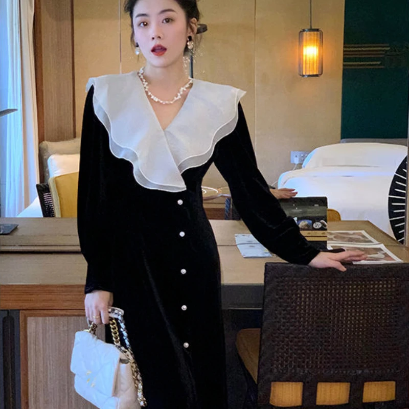 

Весеннее новое французское бархатное платье милое стильное Двухслойное маленькое черное платье с оборками женское корейское модное винта...