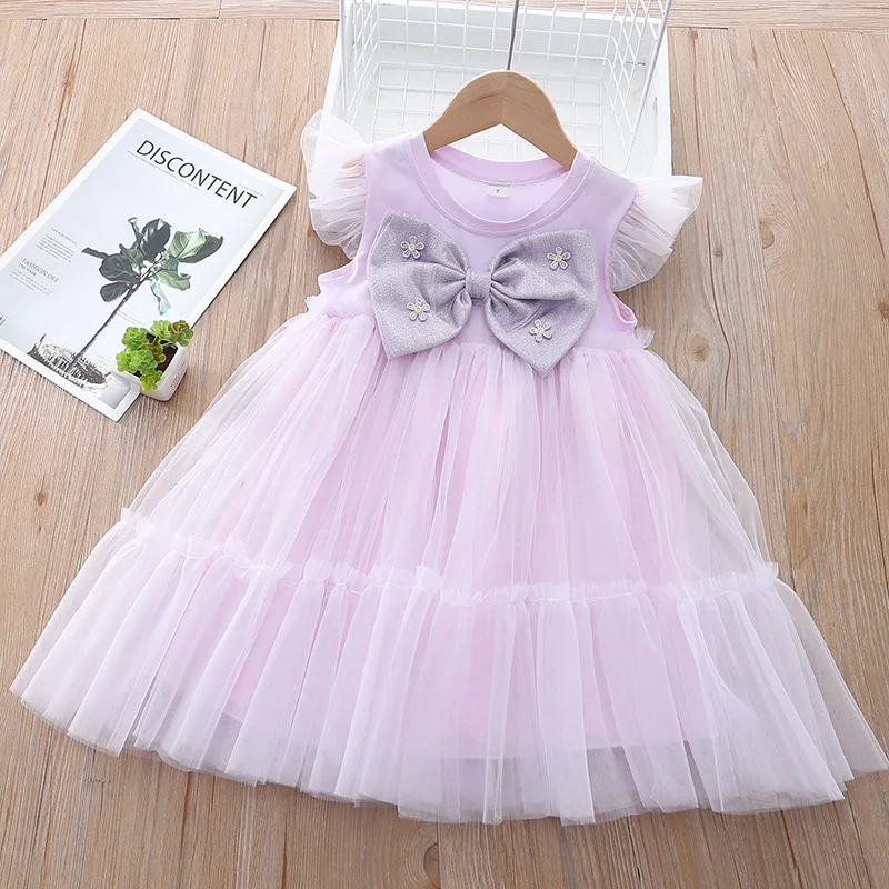 

Baby Fashion Dress Girls Summer New Korean Version Flying Sleeves Mesh Bow Flower Princess Dress 3-7 Y Cute Girl Casual Clothes