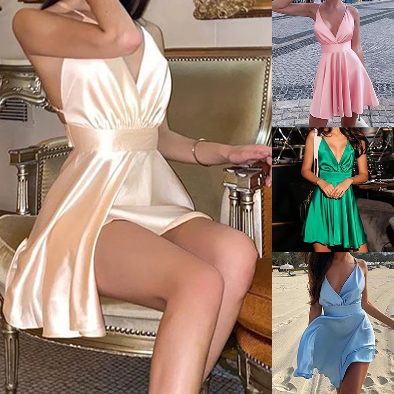 

Женское атласное мини-платье без рукавов, с открытой спиной и V-образным вырезом