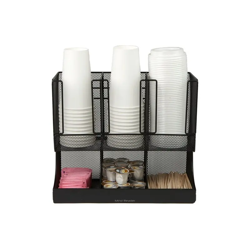 

6 Compartment Upright Breakroom Coffee Condiment and Cup Storage Organizer, Black Metal Mesh
