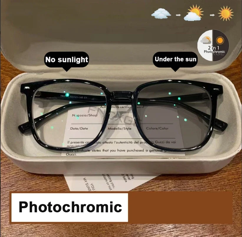 サングラス男性フォトクロミックメガネスクエアブラック厚いフレーム抗青色光サンシェード UV400