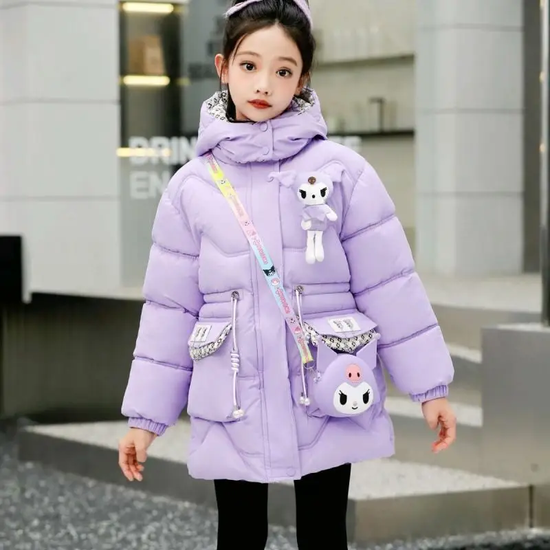 Фото Зимняя хлопковая одежда Kuromi для девочек Sanrios, аниме-фигурка Kawaii, новое бархатное утепленное пальто средней длины с героями мультфильмов, детская одежда №4