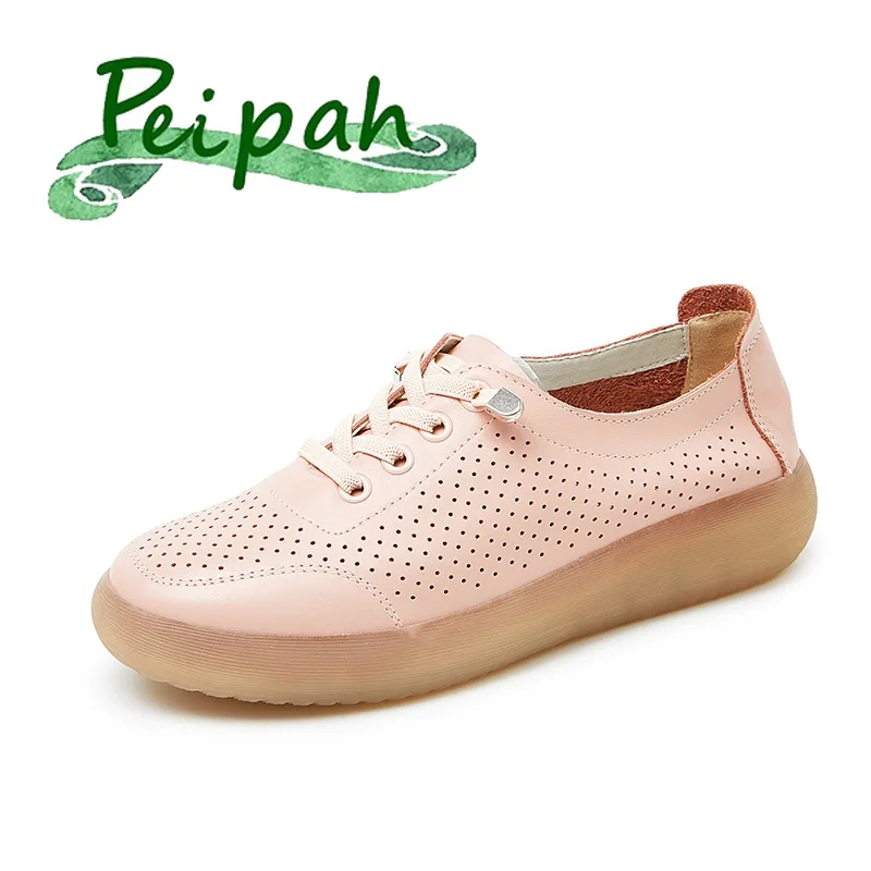 

PEIPAH Genuine Leather Hollow Out Shoes For Women Slip On Casual Wedges Flats Ladies Platform Solid Cross-tied Sweet Footwear