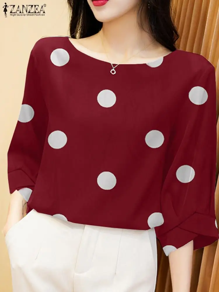 

ZANZEA Bohemian Polka Dots Printed Tops New Casual O-Neck Thin Blouse Women Fashion Summer Tops Elegant Work OL Shirt Oversized