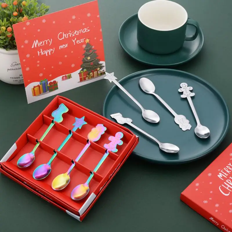 

4PCS Christmas Gift Spoon Sets Stainless Steel Coffee Spoon Creative Dessert Spoon Christmas Tree Decoration Cutlery Gift Tools