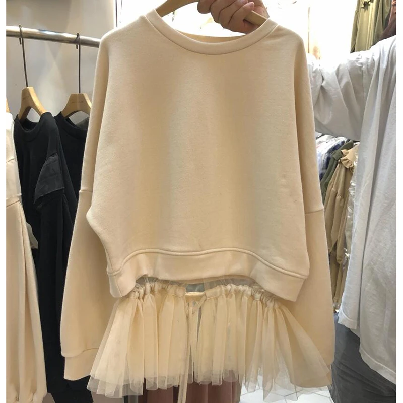 VANOVICH Korean Loose Mesh Yarn Splicing Rope Hoodies Cotton Streetwear Fashion Solid Color Pullovers O-Neck Women Sweatshirt
