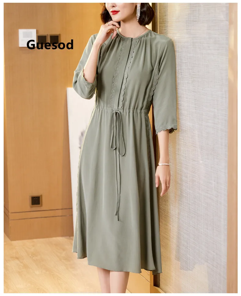 

Женское шелковое платье Guesod, лето 2022, Элегантное Шелковое Платье с О-образным вырезом, рукавом Hlaf, со складками, тонкой талией, однотонное, Но...