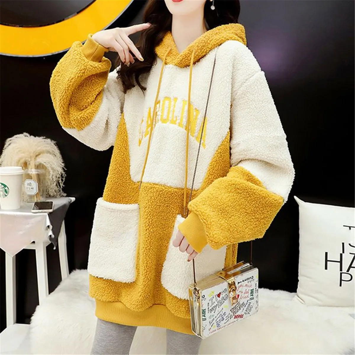 

Крутая зимняя кашемировая толстовка с капюшоном Ulzzang из овечьей шерсти, женская одежда в стиле хип-хоп Harajuku Ins в стиле пэчворк, свободная винтажная Женская толстовка в стиле K-POP