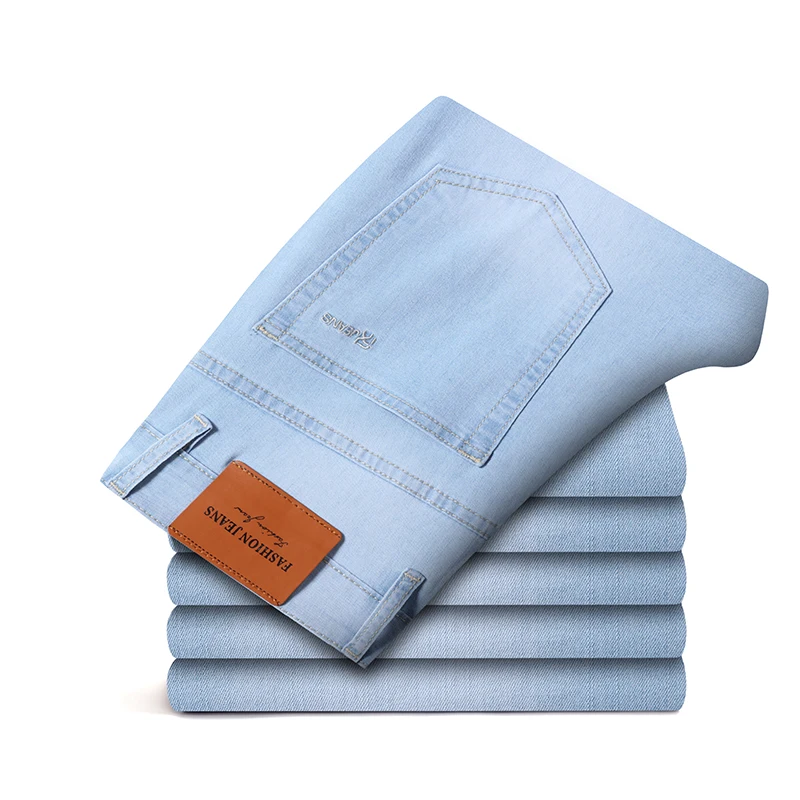 

Slim Fit High Stretch Denim Pants Cotton High Quality Men Sky Blue Jeans Classic Style Trousers Male Brand Clothes