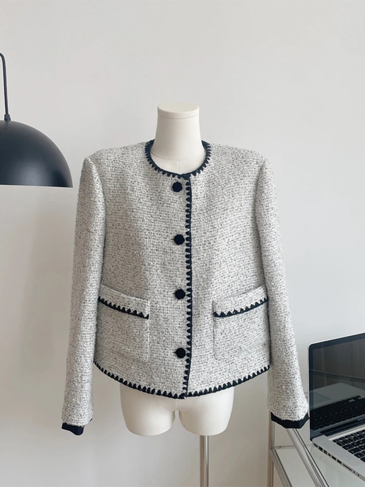 

Autumn Winter New Women Crew-neck Contrast Color Vintage Tweed Thousand Coat Baggy Long Sleeve Single Breasted Jacket Outerwear
