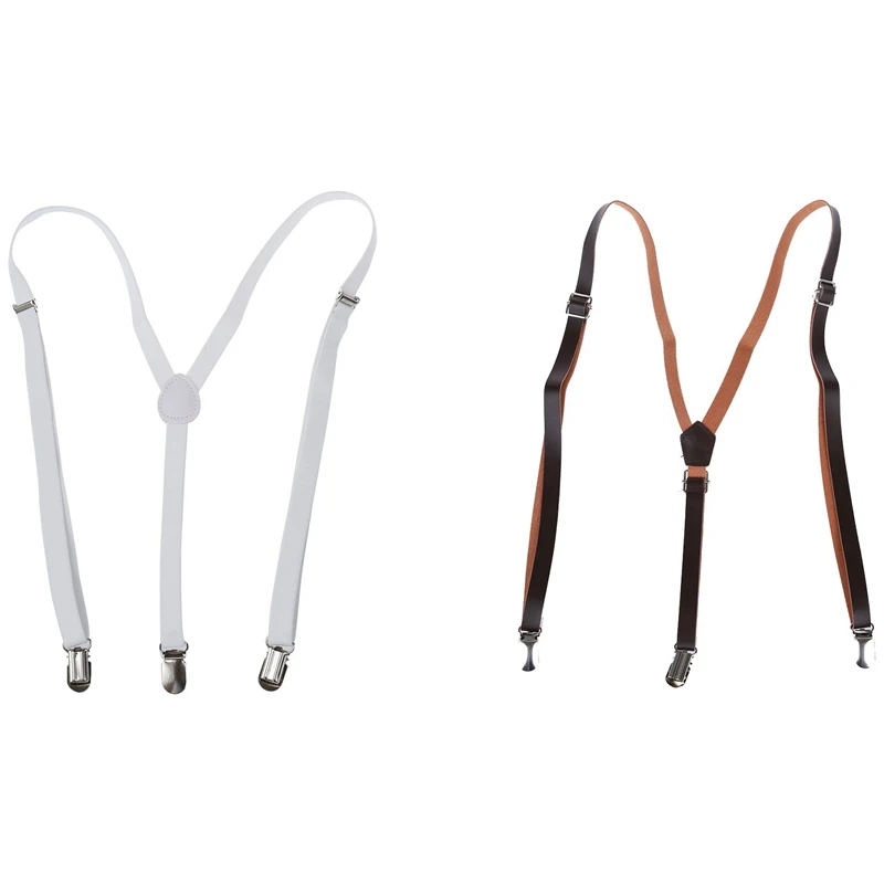

NEW-2 Pcs Adult Adjustable Elastic Suspenders Braces, Coffee & White