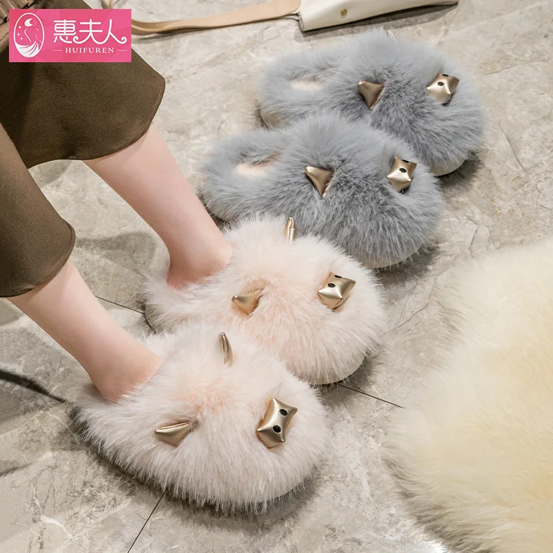 Fluffy slippers female cotton mop 2022 new household indoor thickening bottom anti-slip warm winter cotton slippers couples men