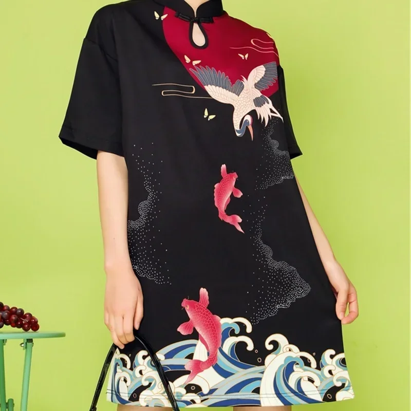 Черное японское женское платье Ao традиционное элегантное китайское Cheongsam Qipao Dai