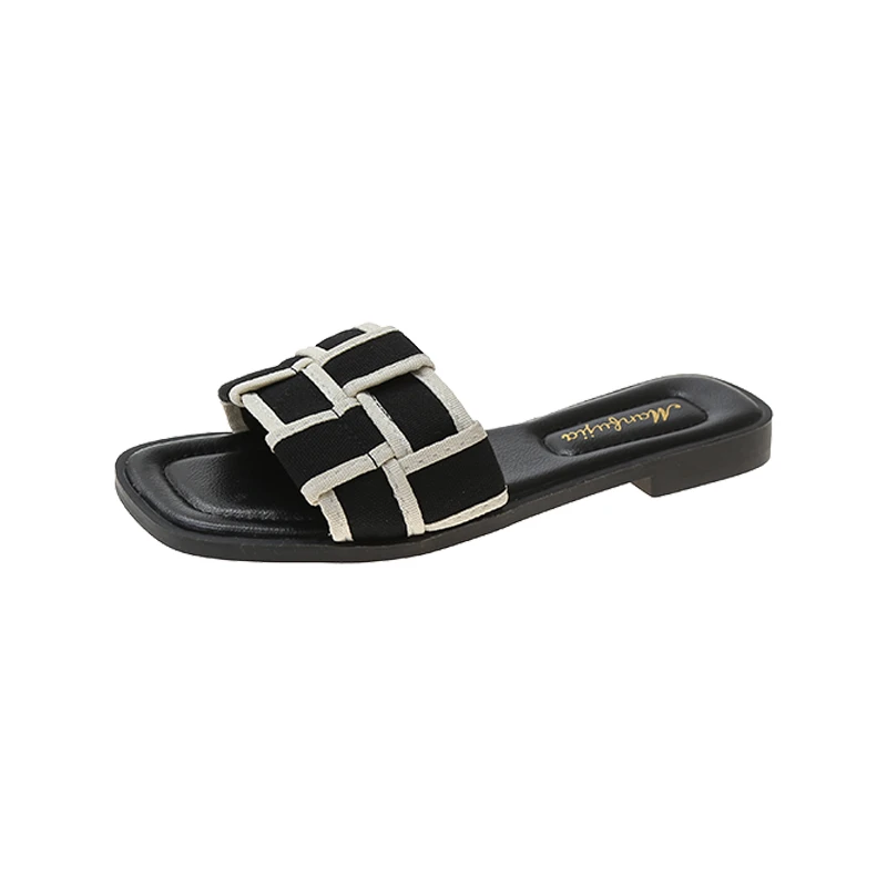

Women's Open Round Toe Slippers Weave Design Striped All Match 2022 Summer New Popular Fashion Trendy Casual Comfy Flat Slippers