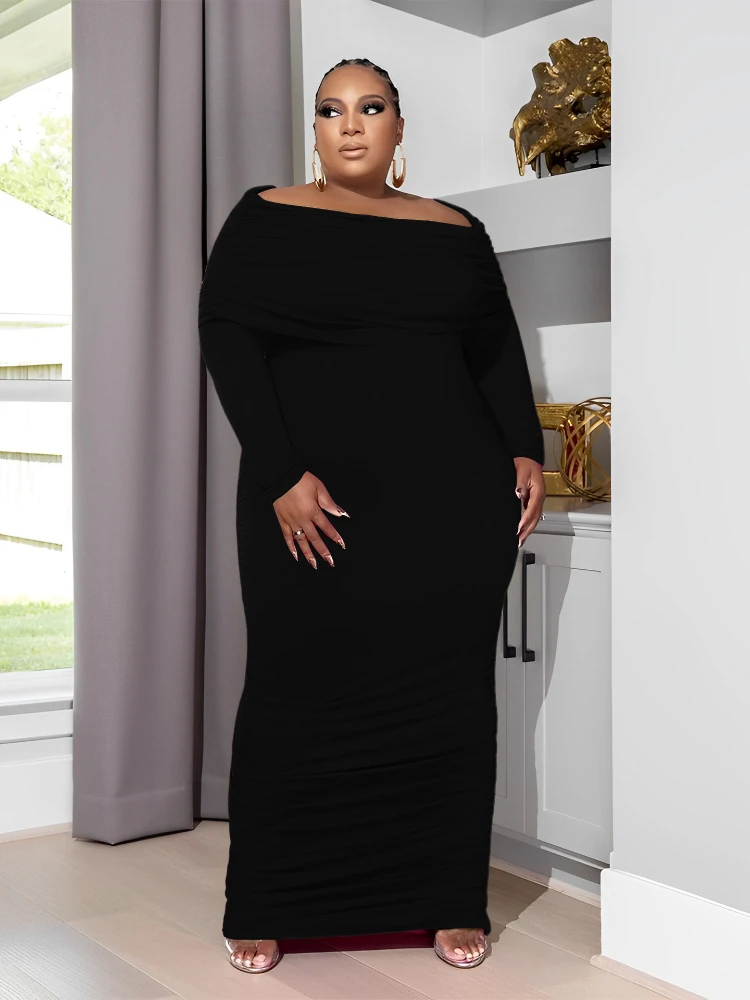 Plus-size women's dress knitted one-neck draw-pleated long dress womens plus size summer dresses