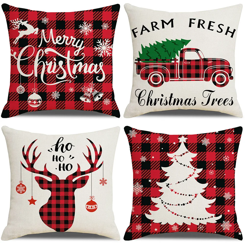 

Christmas Cushion Covers 45x45 cm Farmhouse Xmas Decor Red Black Buffalo Plaids Santa Pillow Cover Winter Holiday Decorations