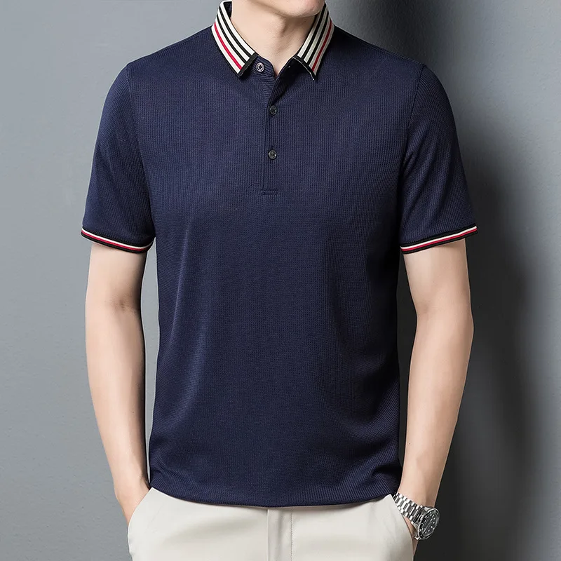 

2023 Summer New Short-Sleeved Polo Shirt Men's Youth Solid Color Lapel T-Shirt Business Casual Fashion Basic Leggings Waffle Top