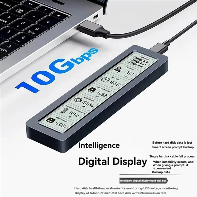 Корпус для SSD-накопителя Shuole M.2 NVMe с USB 3.2 Gen2 Type-C 10 Гбитс, PCIe, с дисплеем, без инструментов для установки (art.: 3920dbbb5e1e8) - 3920dbbb5e1e8