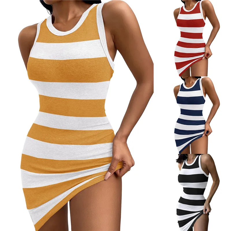 

Women's Summer Dress Casual Slim Slimming Round Neck Sleeveless Simple Striped Print Vest Dress Hot Sell