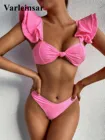 Женский раздельный купальник, розовый бикини с оборками и узлом, купальный костюм с бантом, V2777, женский купальник бикини
