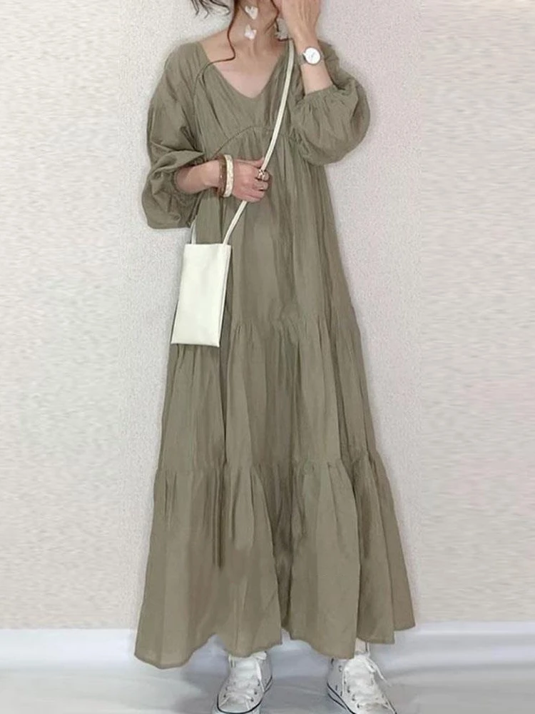 

Женские платья 2023, женское однотонное хлопковое льняное плиссированное платье в стиле ретро, свободное повседневное длинное платье с широкой юбкой, элегантные платья, Халат