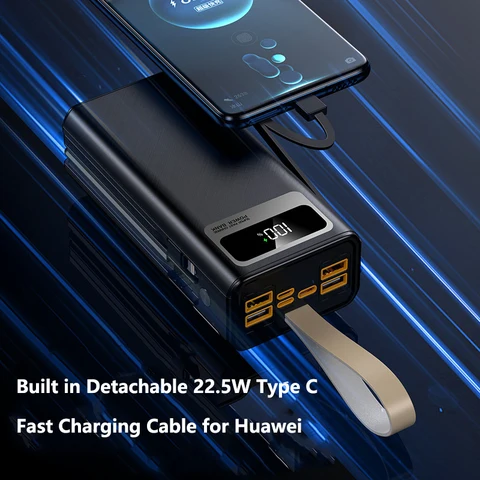 Power Bank 50000 мАч со встроенным кабелем 22,5 Вт PD Быстрая зарядка Powerbank Портативное зарядное устройство для iPhone 16 Xiaomi Samsung