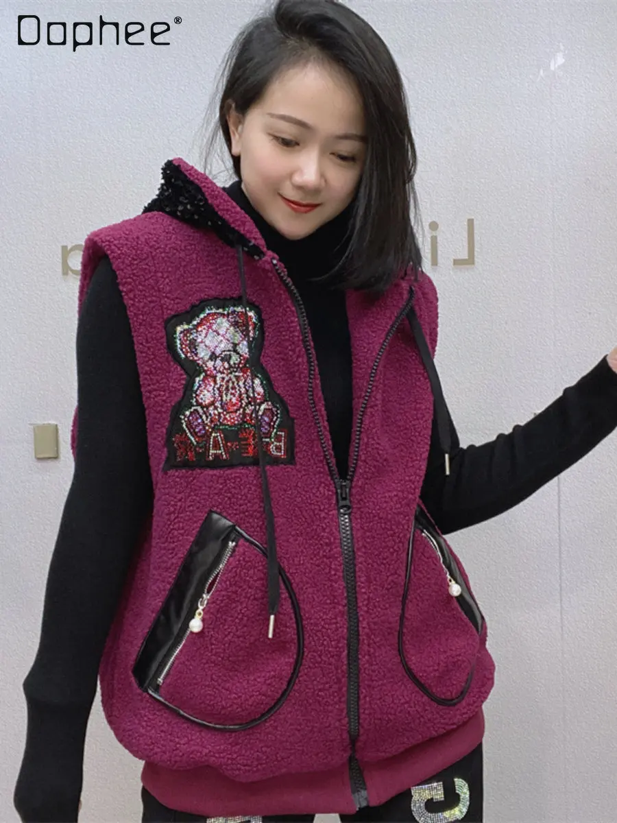 

Fashion Cartoon Rhinestone Hooded Zipper Vest Female Lamb Wool Coat Winter Clothes Women Turtleneck Sleeveless Thickening Jacket