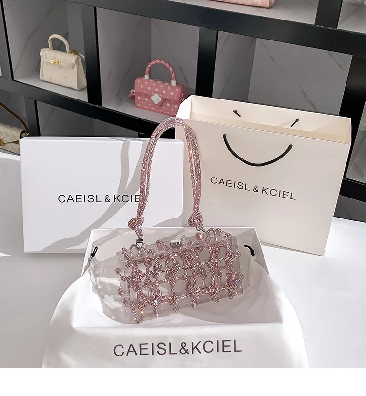 Luxury Designer Acrylic Box Women's Handbag Glitter Shiny Rhinestone Diamond Evening Bag Wedding Party Clutch Purse Shoulder Bag